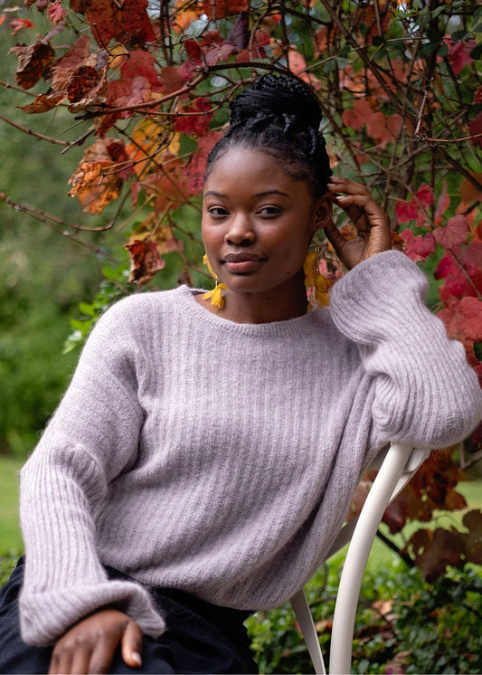 Ribbed Knit Jumper with Bubble Sleeves in Stone