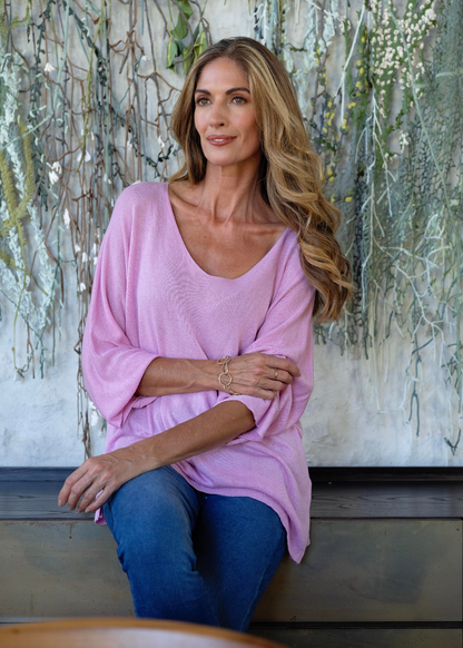 Slouchy Susan Knitted 3/4 Sleeve Top in Pink Sorbet