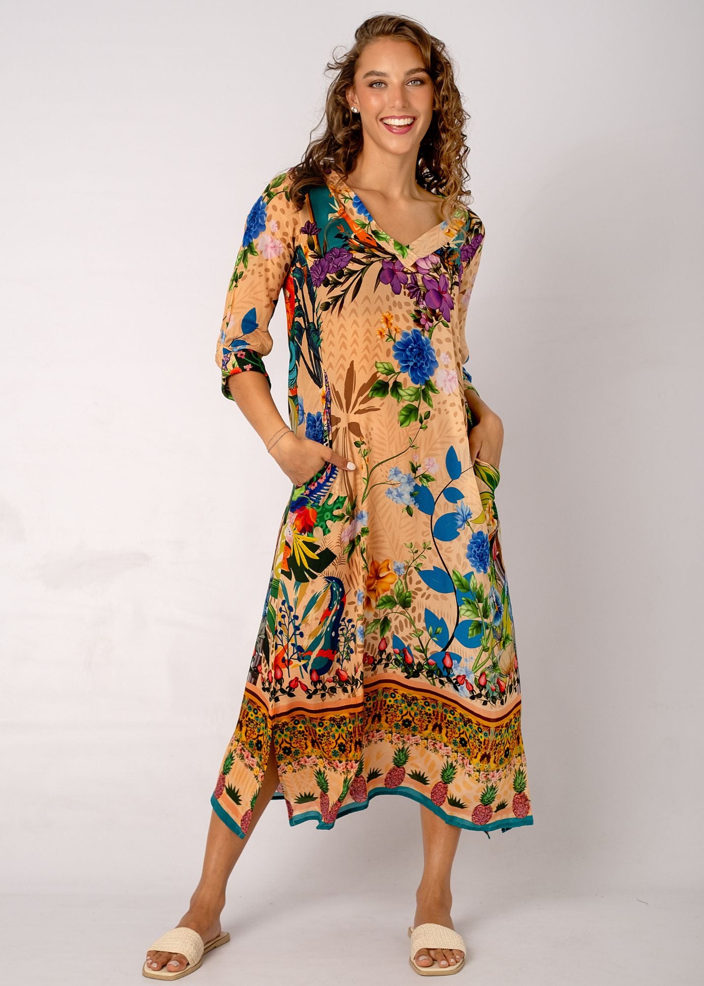 Gloria Dress with Tucked Sleeve Detail in Forest Vine