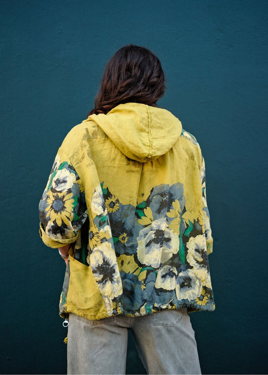 Lino 100% Linen Hoodie Jacket in Wild Mustard Heirloom Bloom