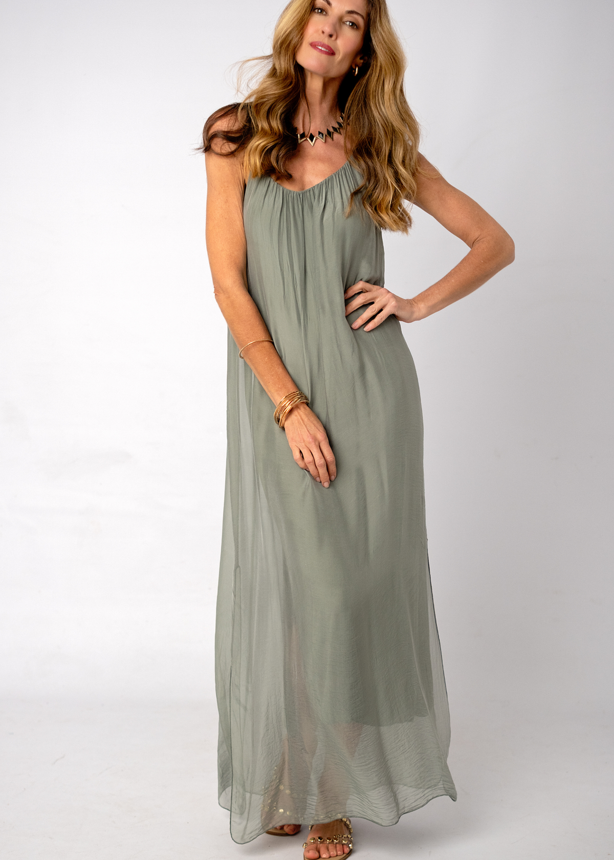 Sophia 100% Silk Flow Strappy Dress in Olive