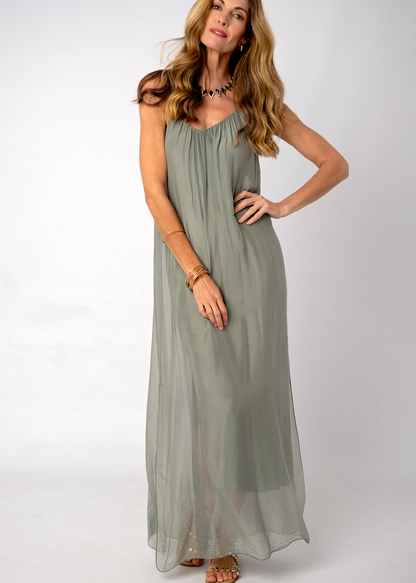 Sophia 100% Silk Flow Strappy Dress in Olive
