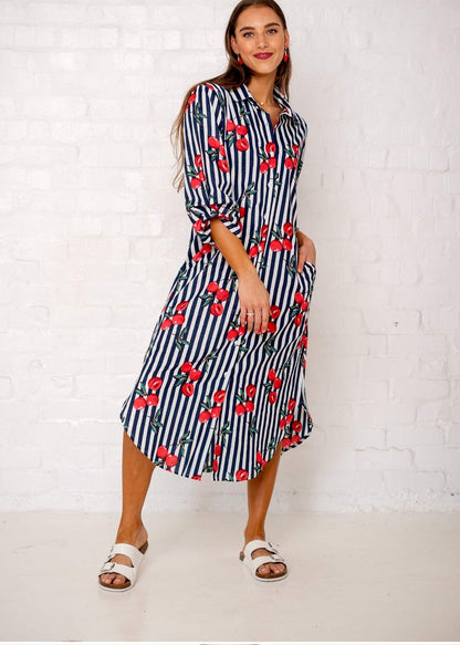 Laura Shirt Dress - Red Cherry with Navy and White Candy Stripes