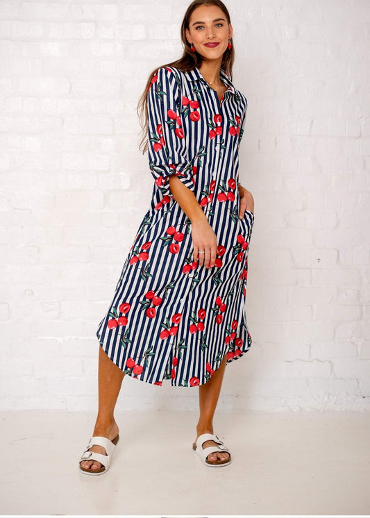 Laura Shirt Dress - Red Cherry with Navy and White Candy Stripes