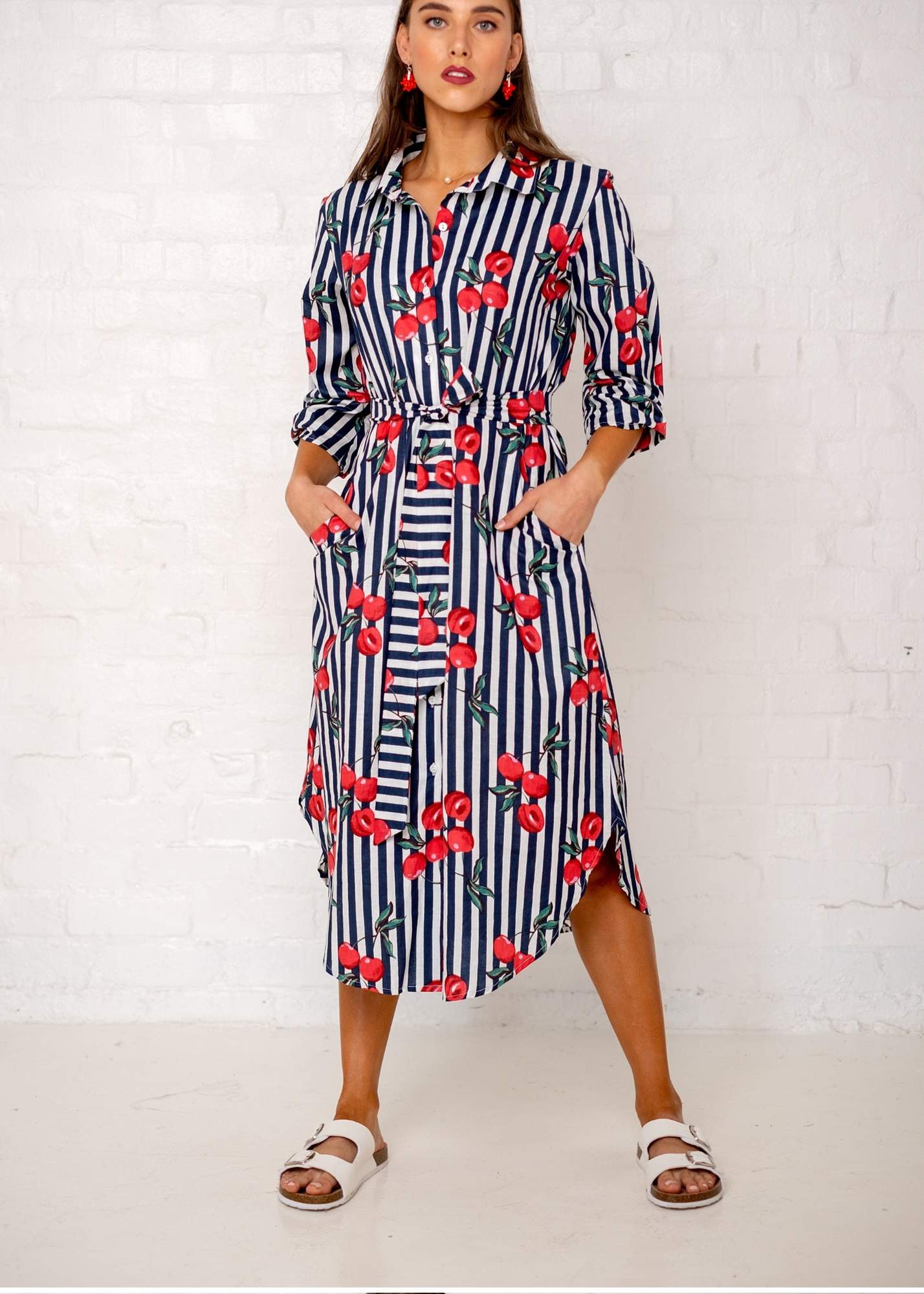 Laura Shirt Dress - Red Cherry with Navy and White Candy Stripes