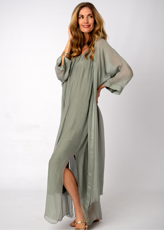 Sophia 100% Silk Flow Cardigan in Olive