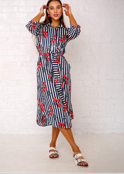 Laura Shirt Dress - Red Cherry with Navy and White Candy Stripes
