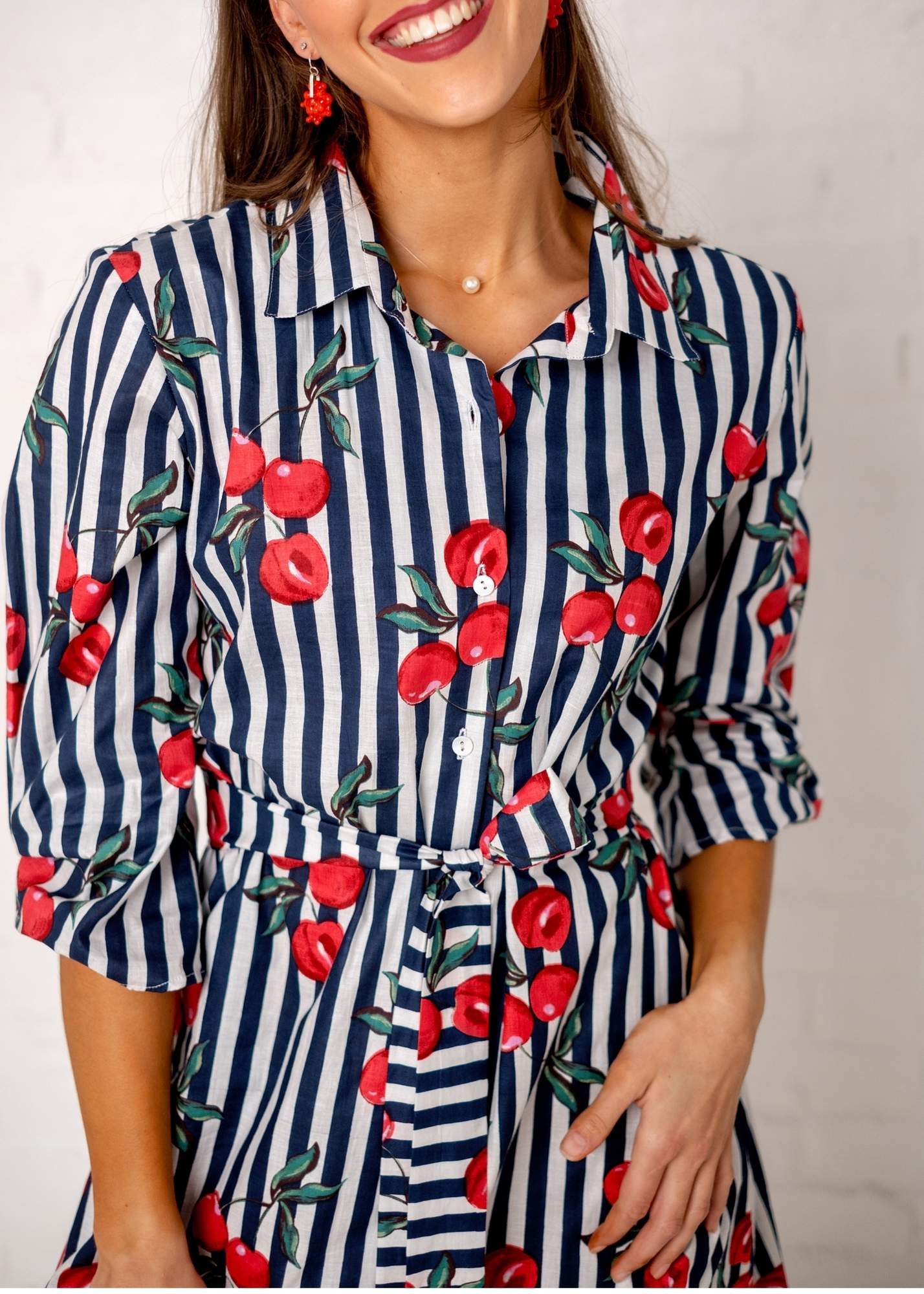 Laura Shirt Dress - Red Cherry with Navy and White Candy Stripes