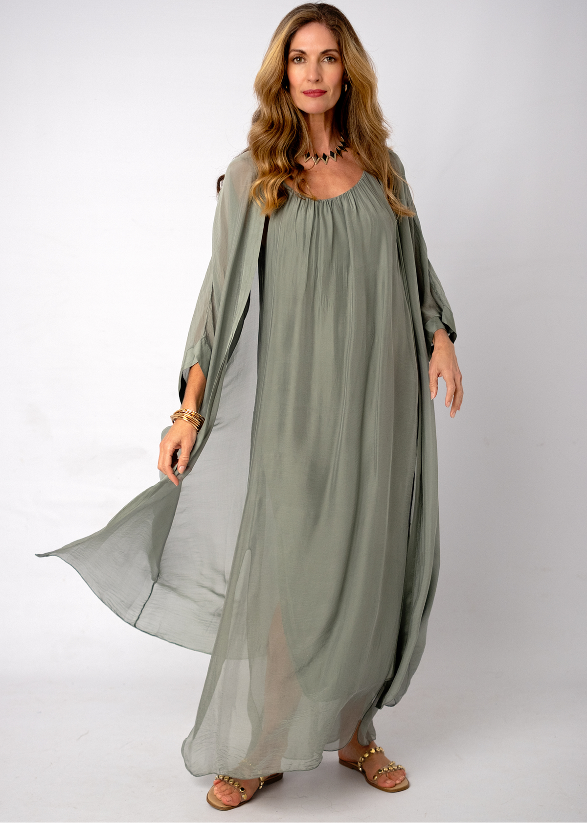 Sophia 100% Silk Flow Cardigan in Olive