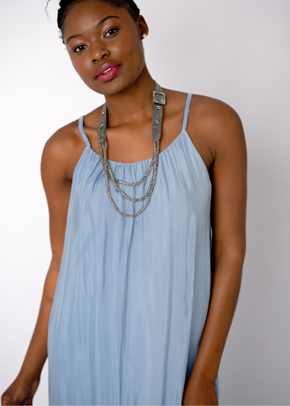 Sophia 100% Silk Flow Strappy Dress in Sky Blue