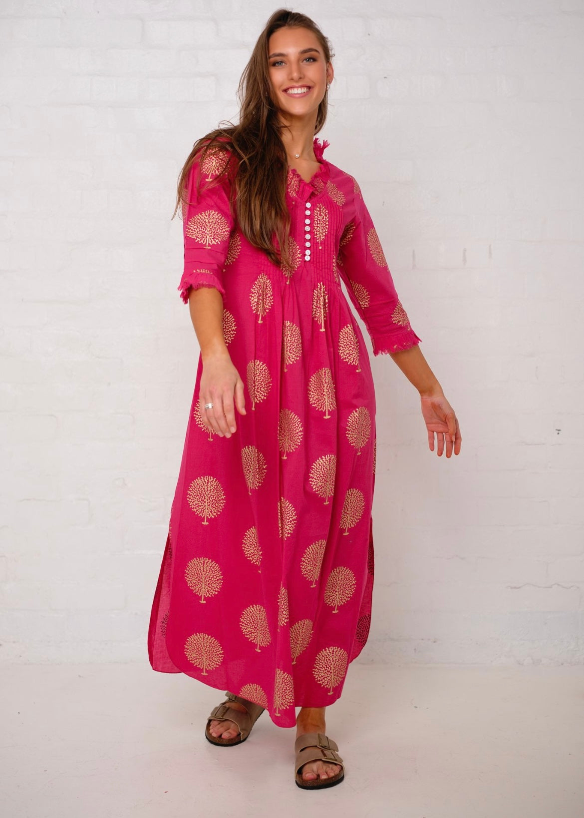 Sarah dress in Fuchsia Pink with Gold Tree (Long Length)