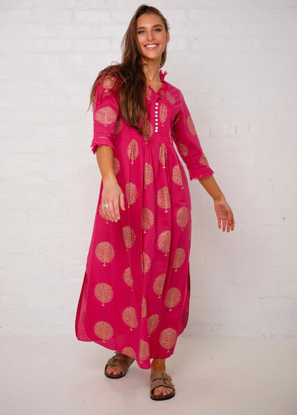 Sarah dress in Fuchsia Pink with Gold Tree (Long Length)