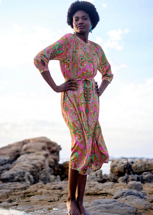 Andrea Dress, Green and Pink Paisley