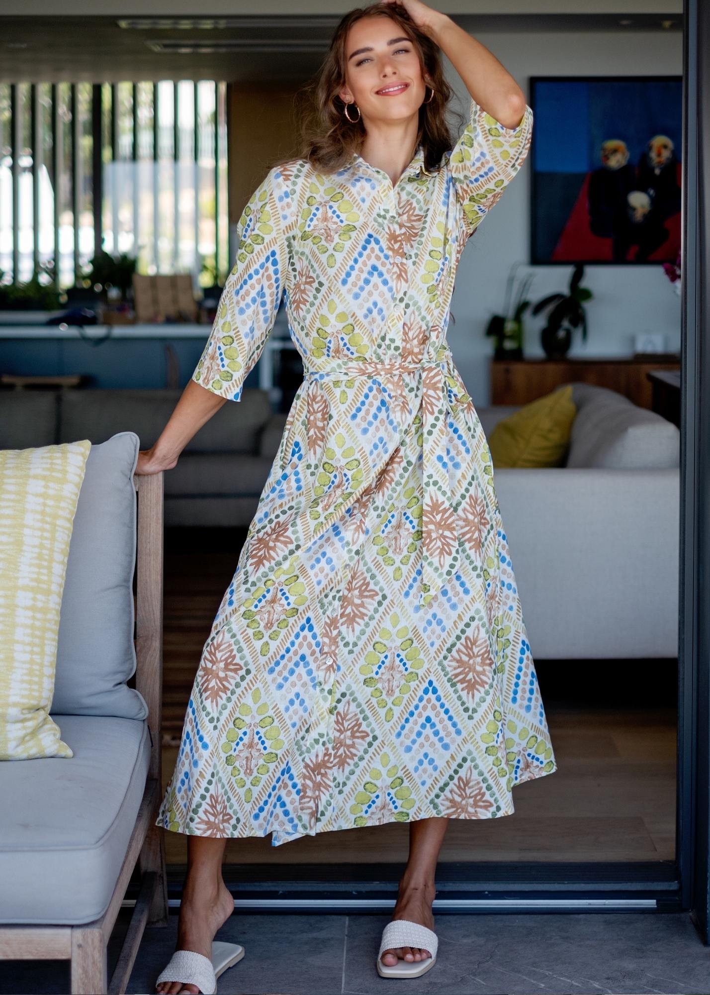 Betty Button dress,  Green and Blue Tiles