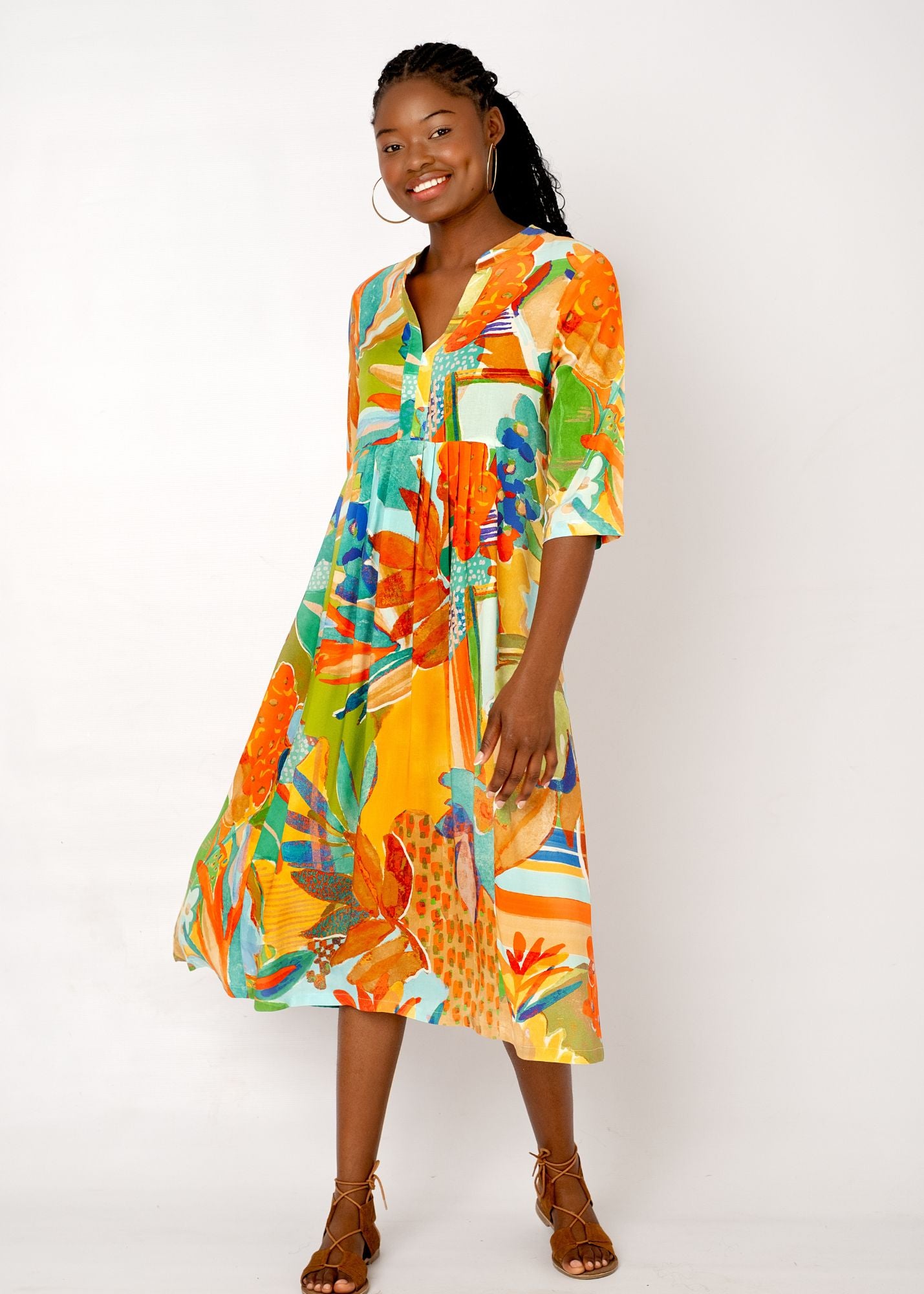 Lee-Ann pleated dress Long, Turquoise Bloom