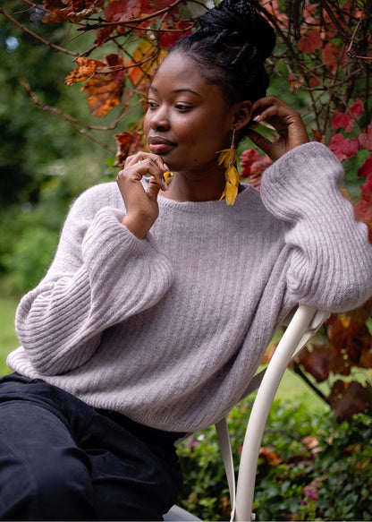 Ribbed Knit Jumper with Bubble Sleeves in Stone