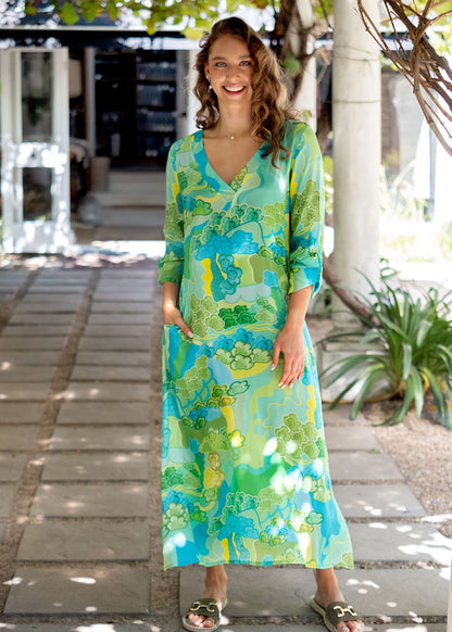 Gloria Dress with Tucked Sleeve Detail in Dreamy Forest