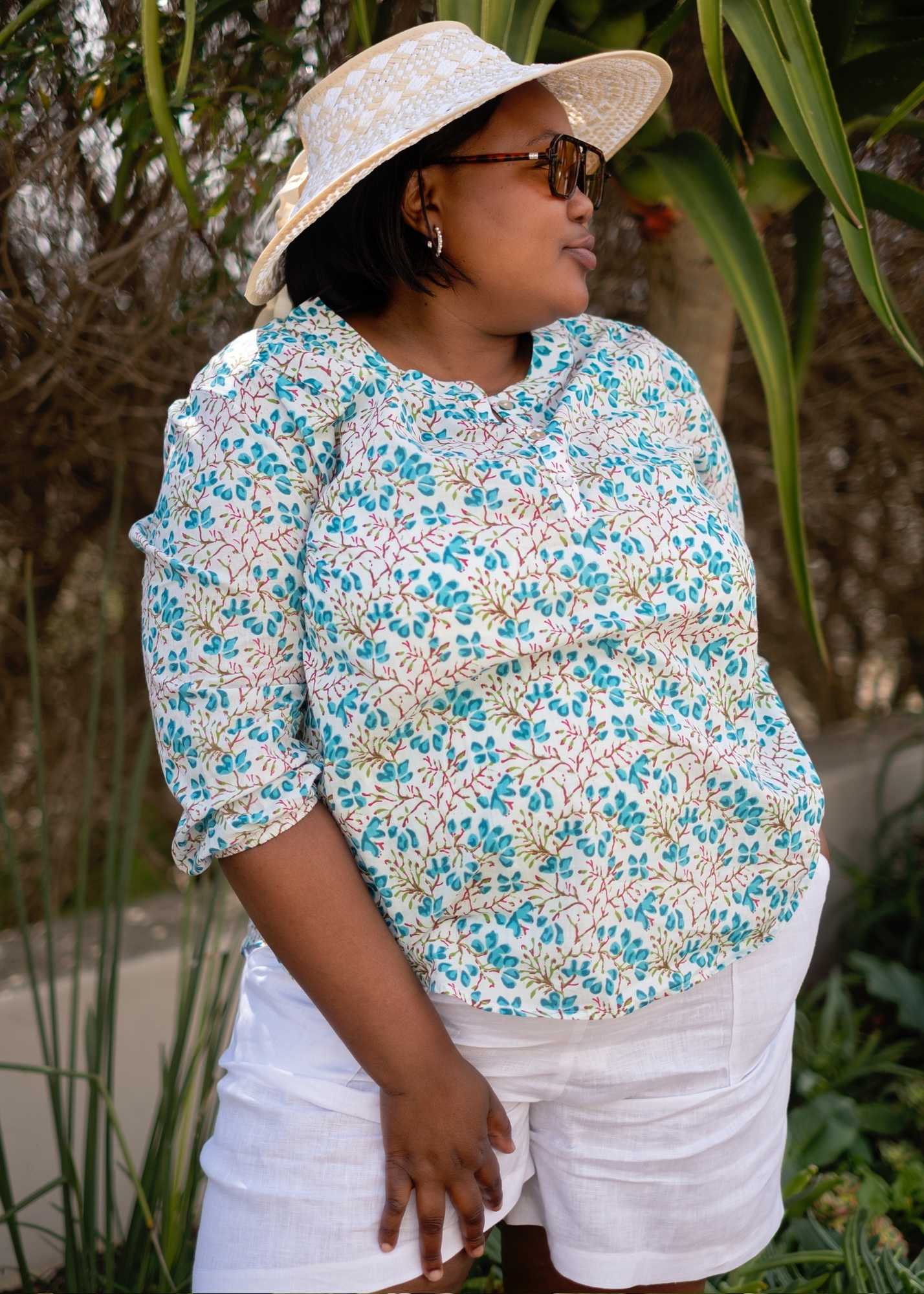 Lauren Comfy top, Turquoise Coral Print