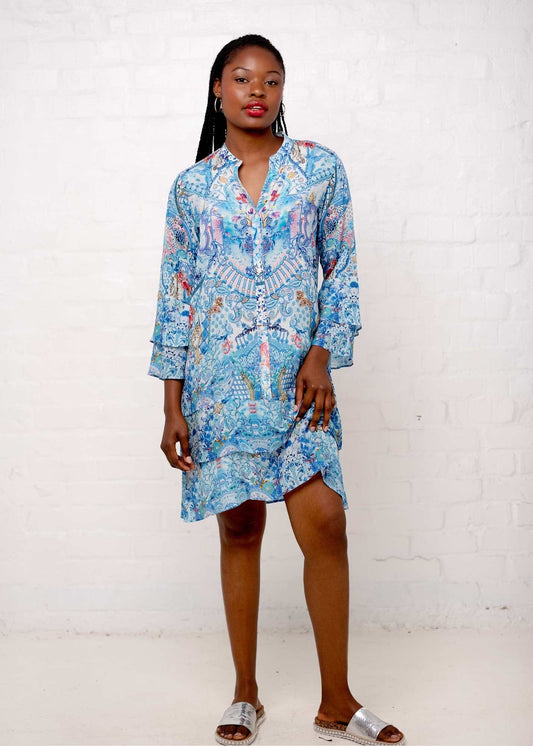 Symphony Dress in Light Blue Crown Print