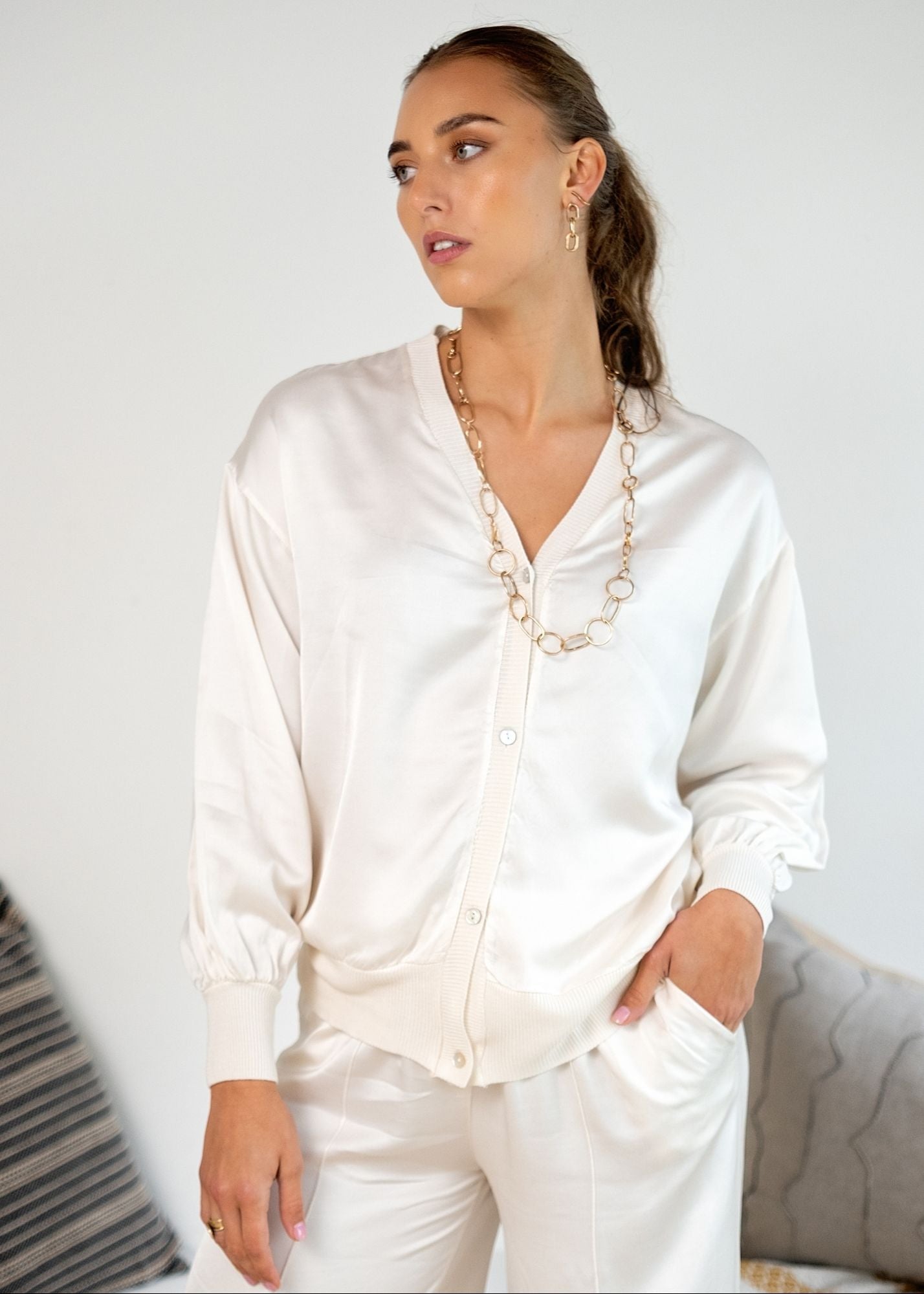 Lila  Bomber Jacket in Viscose Silk Blend in Cream