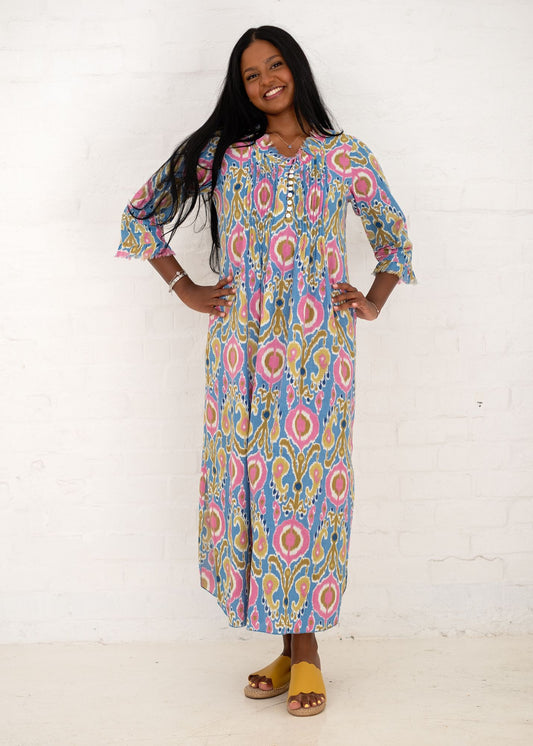 Sarah Dress with Frill in Blue and Pink Ikat Calf Length