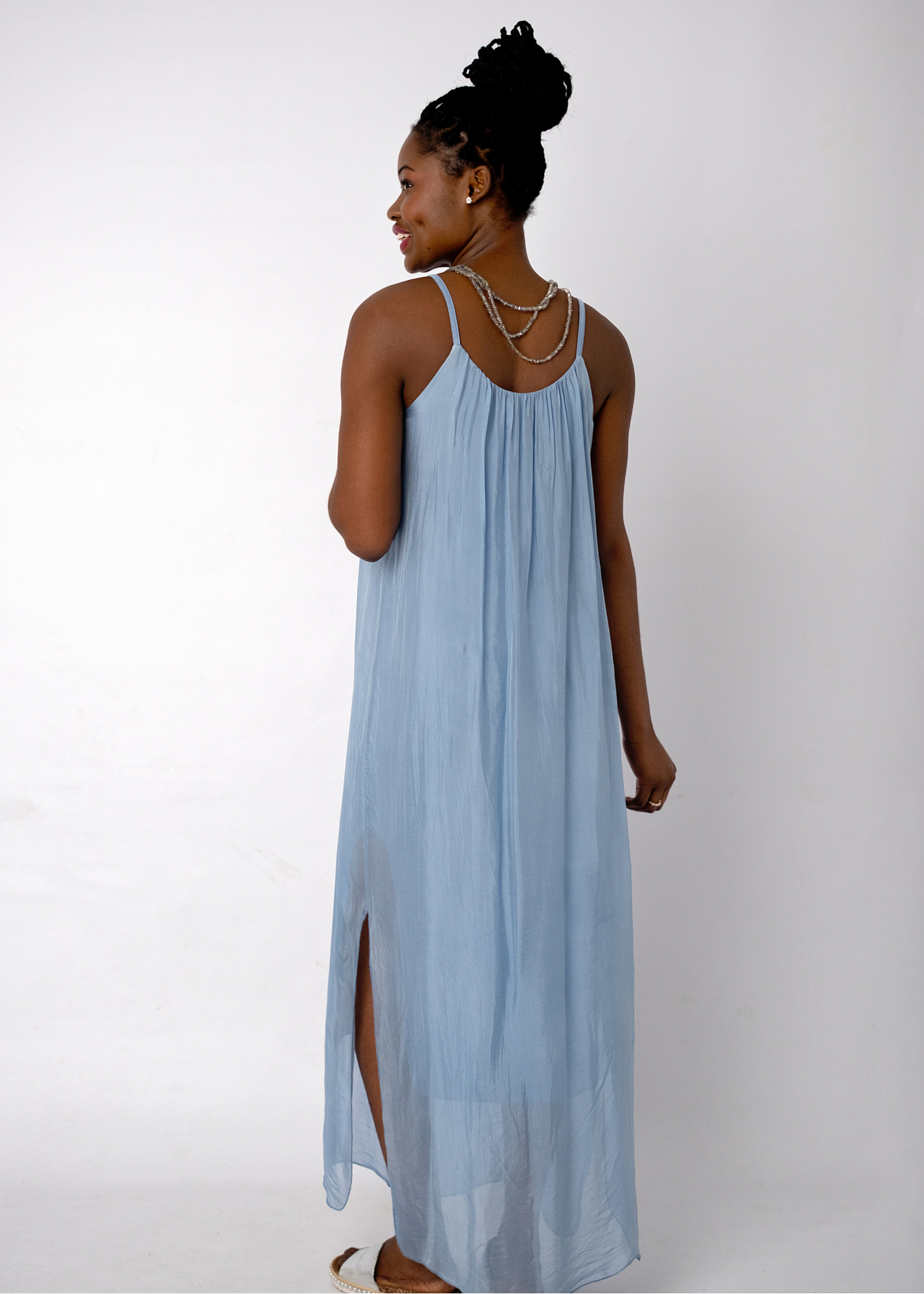 Sophia 100% Silk Flow Strappy Dress in Sky Blue
