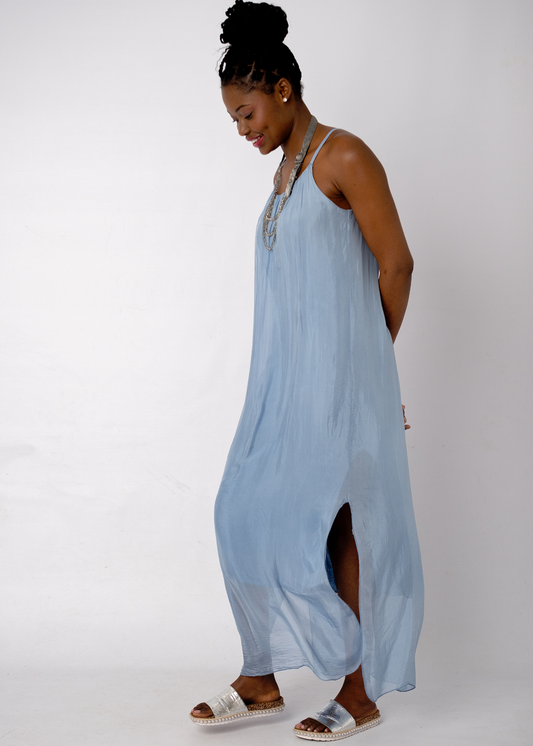 Sophia 100% Silk Flow Strappy Dress in Sky Blue