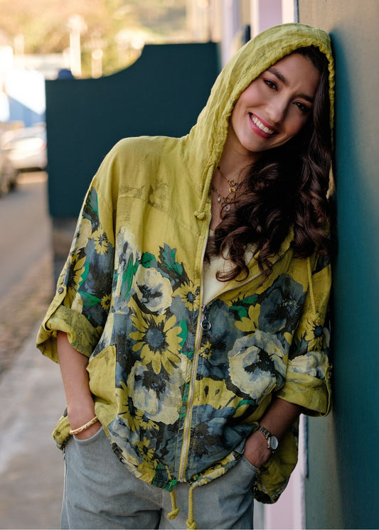 Lino 100% Linen Hoodie Jacket in Wild Mustard Heirloom Bloom