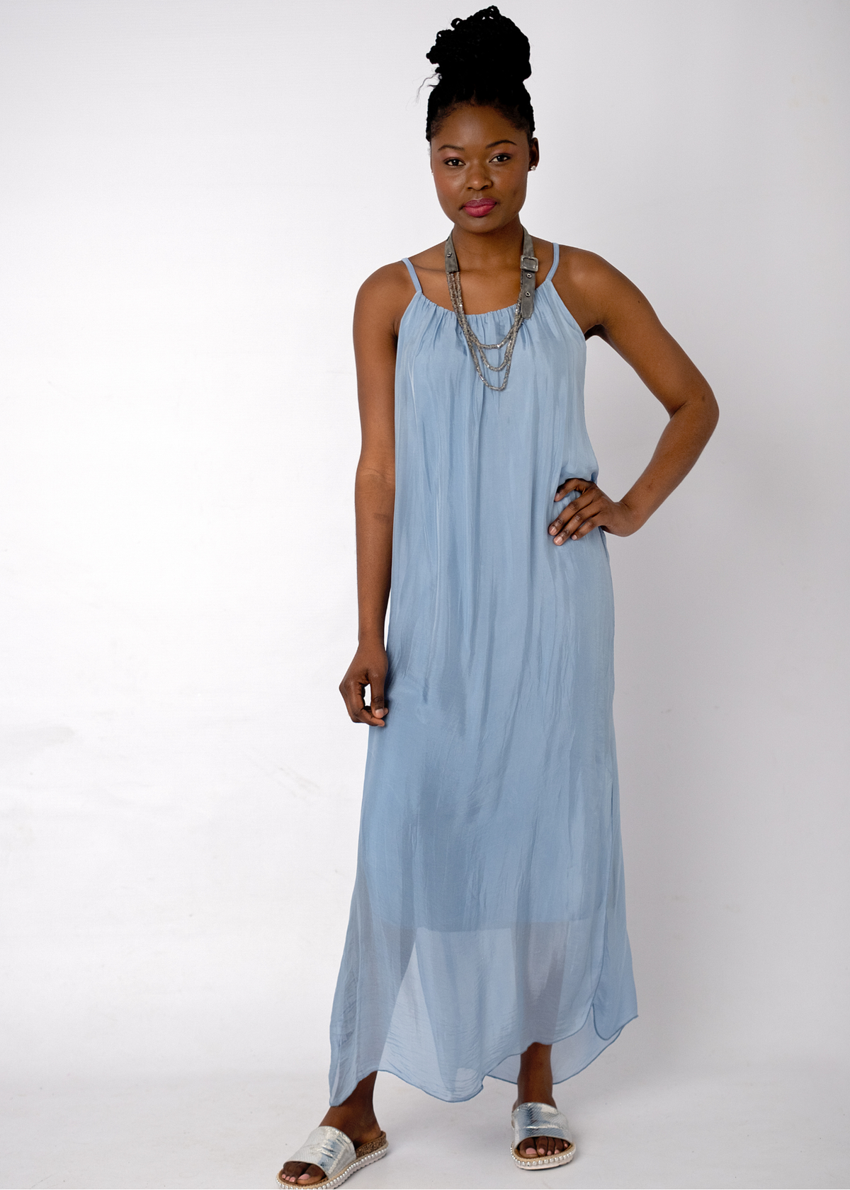Sophia 100% Silk Flow Strappy Dress in Sky Blue