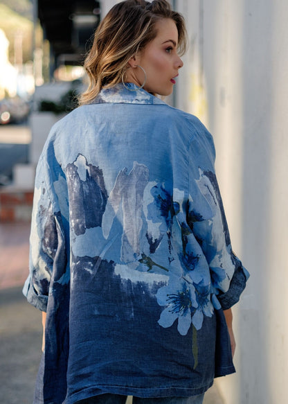 Lino 100% Linen Button Jacket in Cobalt Cascades Heirloom Bloom