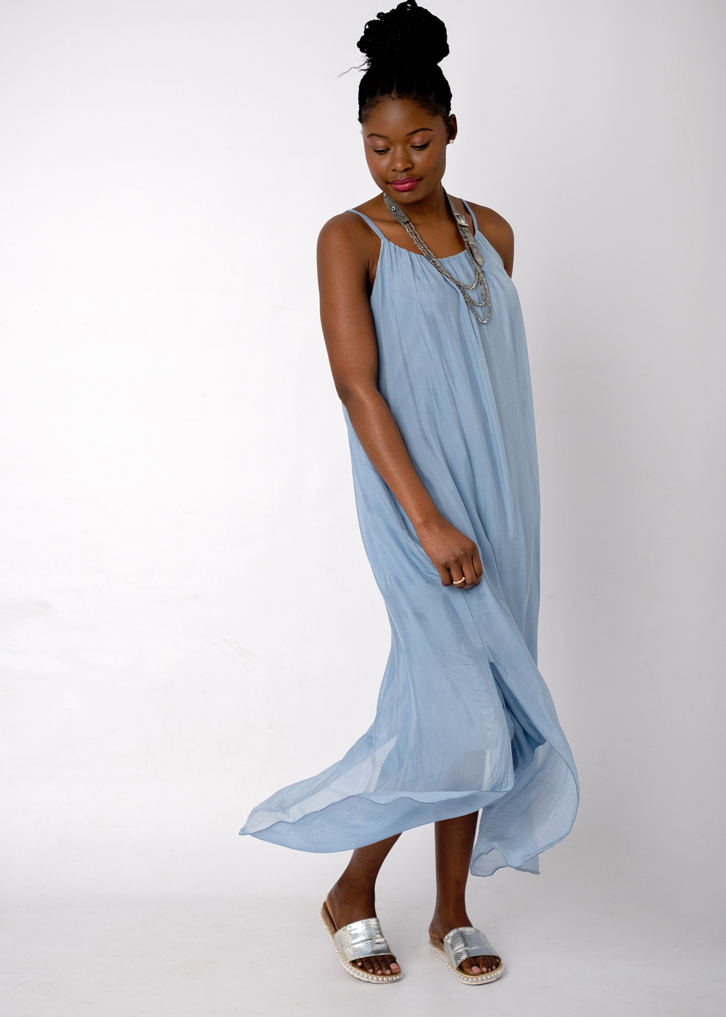 Sophia 100% Silk Flow Strappy Dress in Sky Blue