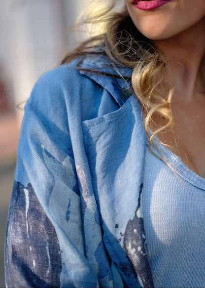 Lino 100% Linen Button Jacket in Cobalt Cascades Heirloom Bloom