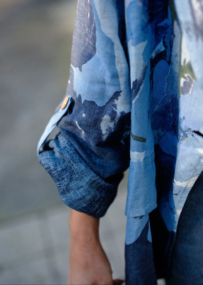 Lino 100% Linen Button Jacket in Cobalt Cascades Heirloom Bloom