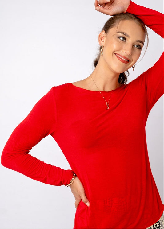 The Sheer Stretchy Scoop-neck Top in Crimson Red