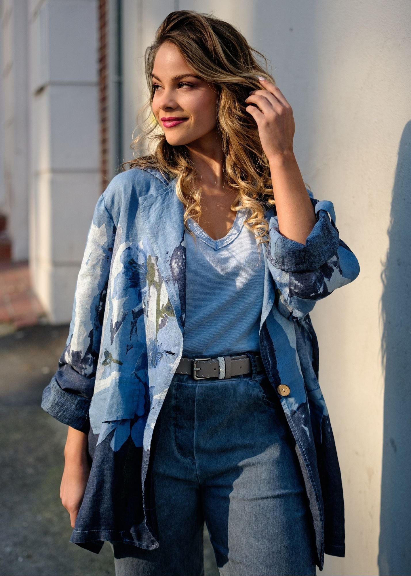 Lino 100% Linen Button Jacket in Cobalt Cascades Heirloom Bloom