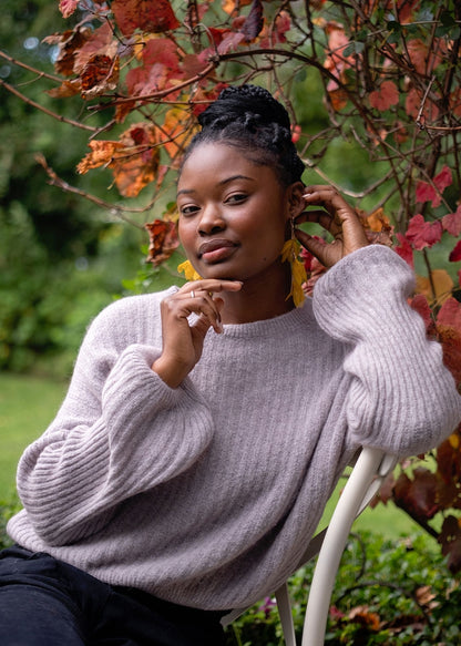 Ribbed Knit Jumper with Bubble Sleeves in Stone