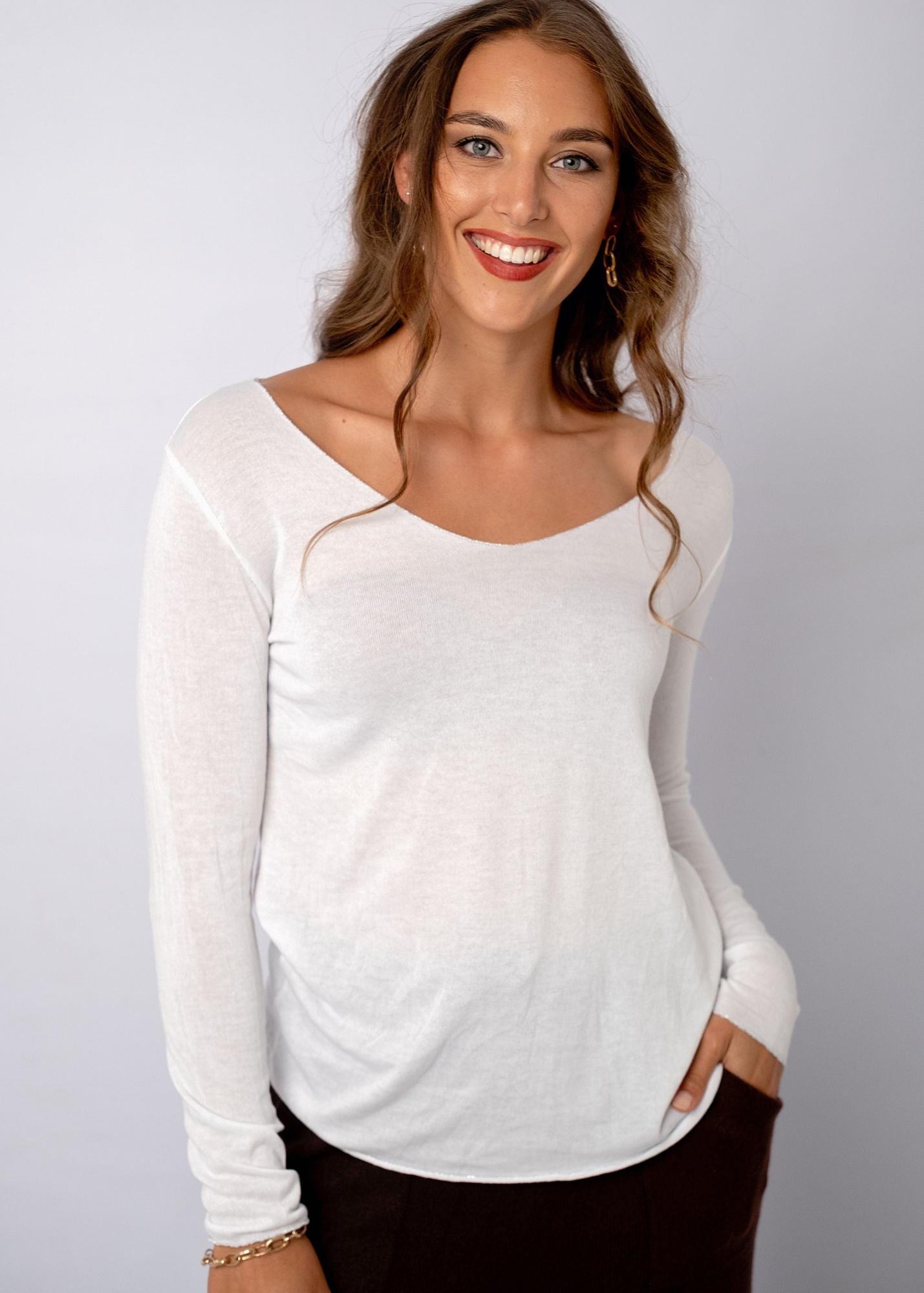 Silver Lining V-Neck Thin Knit Top in White