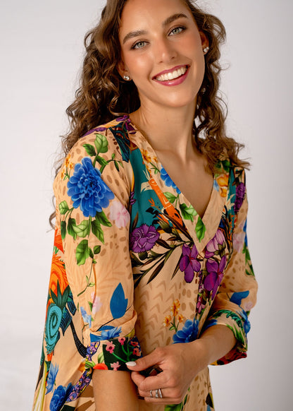 Gloria Dress with Tucked Sleeve Detail in Forest Vine