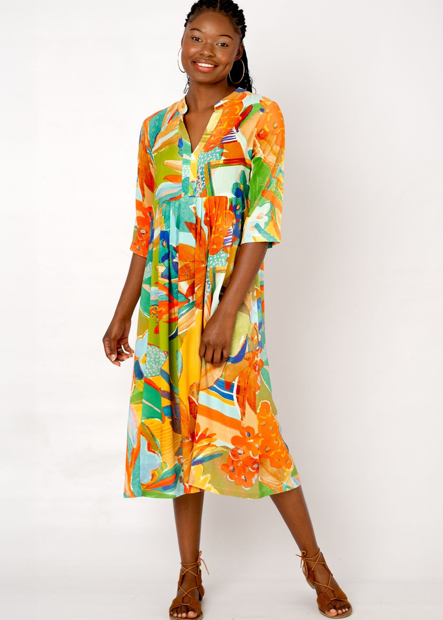 Lee-Ann pleated dress Long, Turquoise Bloom