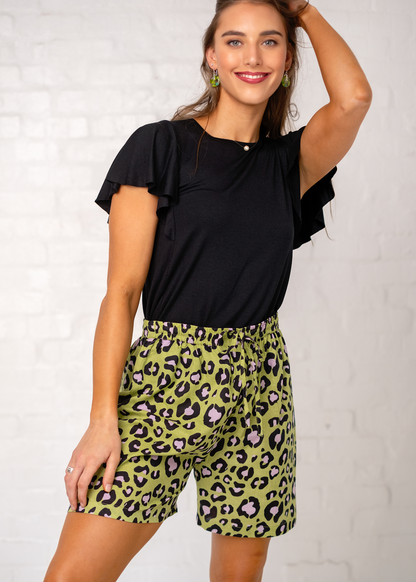 Mykonos Shorts, Lime and Purple Animal Print