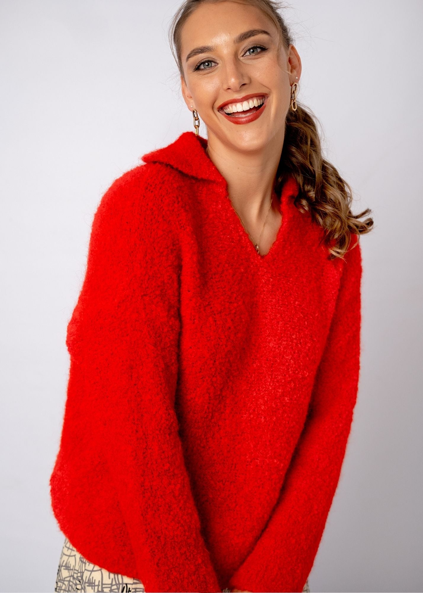 Red Chunky Knit with Collar in Crimson Red