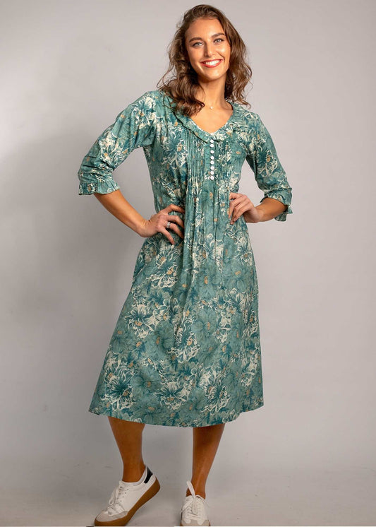 Leah Dress with Outside Frill in Green and Grey Flowers
