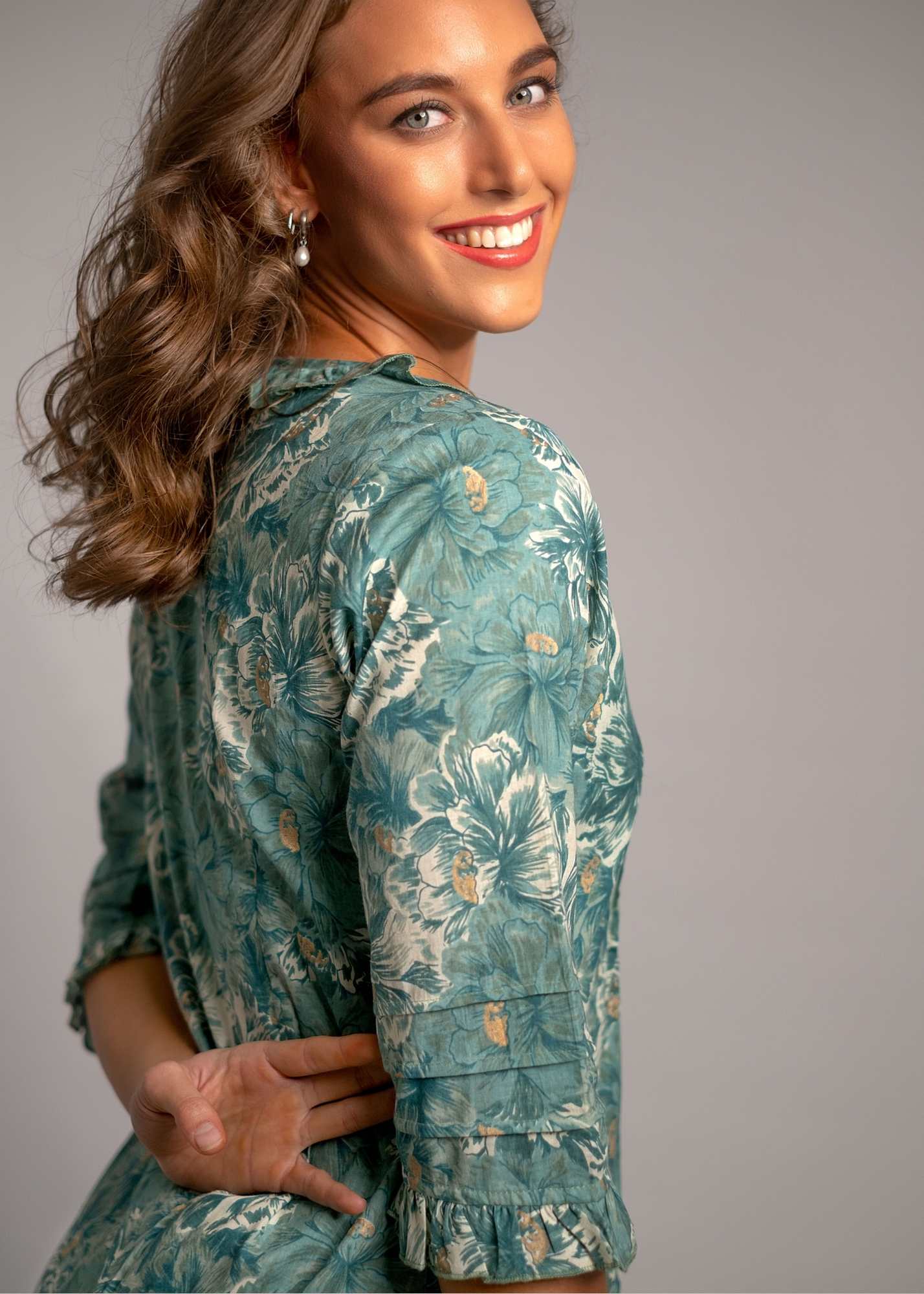Leah Dress with Outside Frill in Green and Grey Flowers