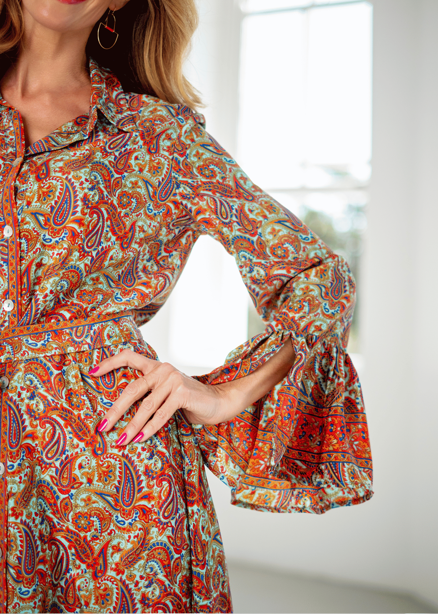 Jewel Dress, Coral with Mint Paisley