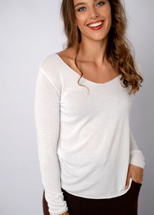 Silver Lining V-Neck Thin Knit Top in White