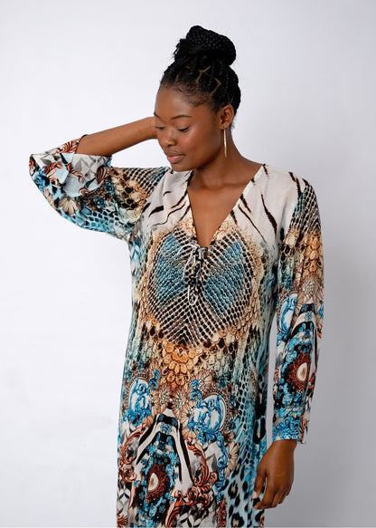 Lanira Dress in Animal Turquoise Print