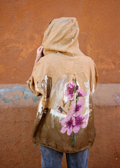Lino 100% Linen Hoodie Jacket in Heirloom Bloom Terracotta Rose