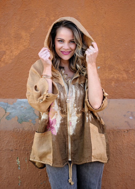Lino 100% Linen Hoodie Jacket in Heirloom Bloom Terracotta Rose