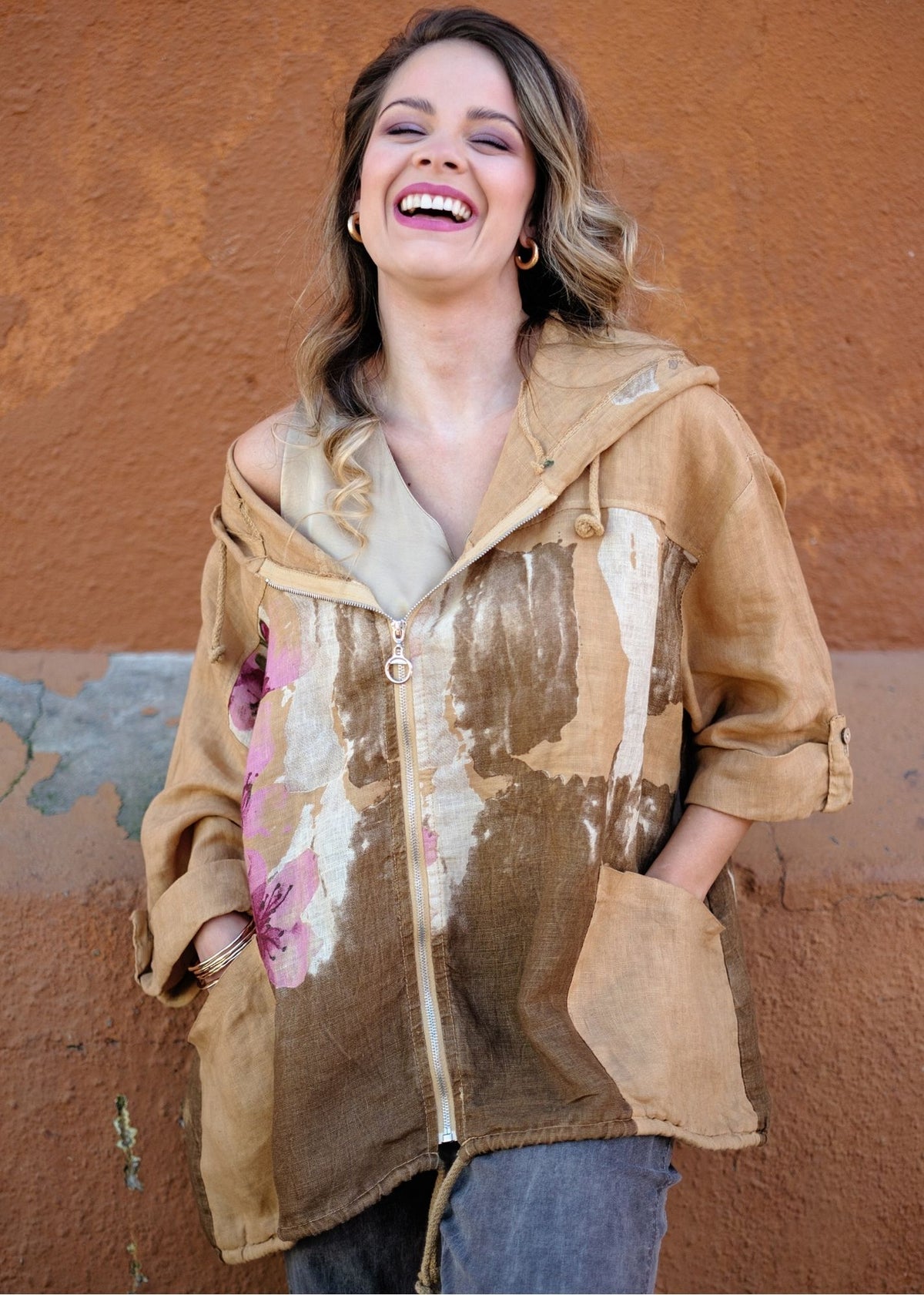 Lino 100% Linen Hoodie Jacket in Heirloom Bloom Terracotta Rose