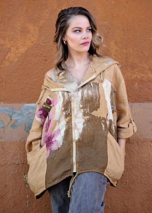 Lino 100% Linen Hoodie Jacket in Heirloom Bloom Terracotta Rose